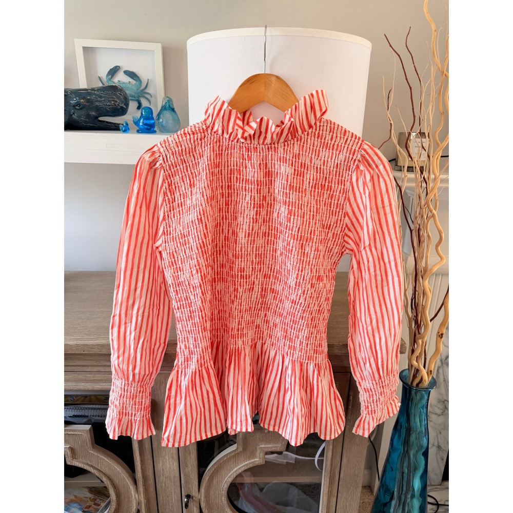 Maria De La Orden Smocked Blouse Women Red Stripe Medium